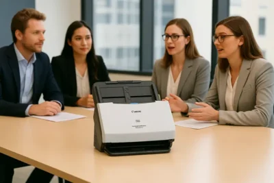 کارمندان شرکت در حال استفاده از اسکنر کانن برای بایگانی اسناد